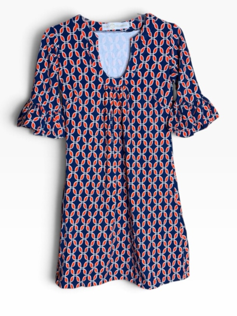 Tracy Negoshian XS Navy Orange Geometric Mini Dress Ruffle Bell Sleeves